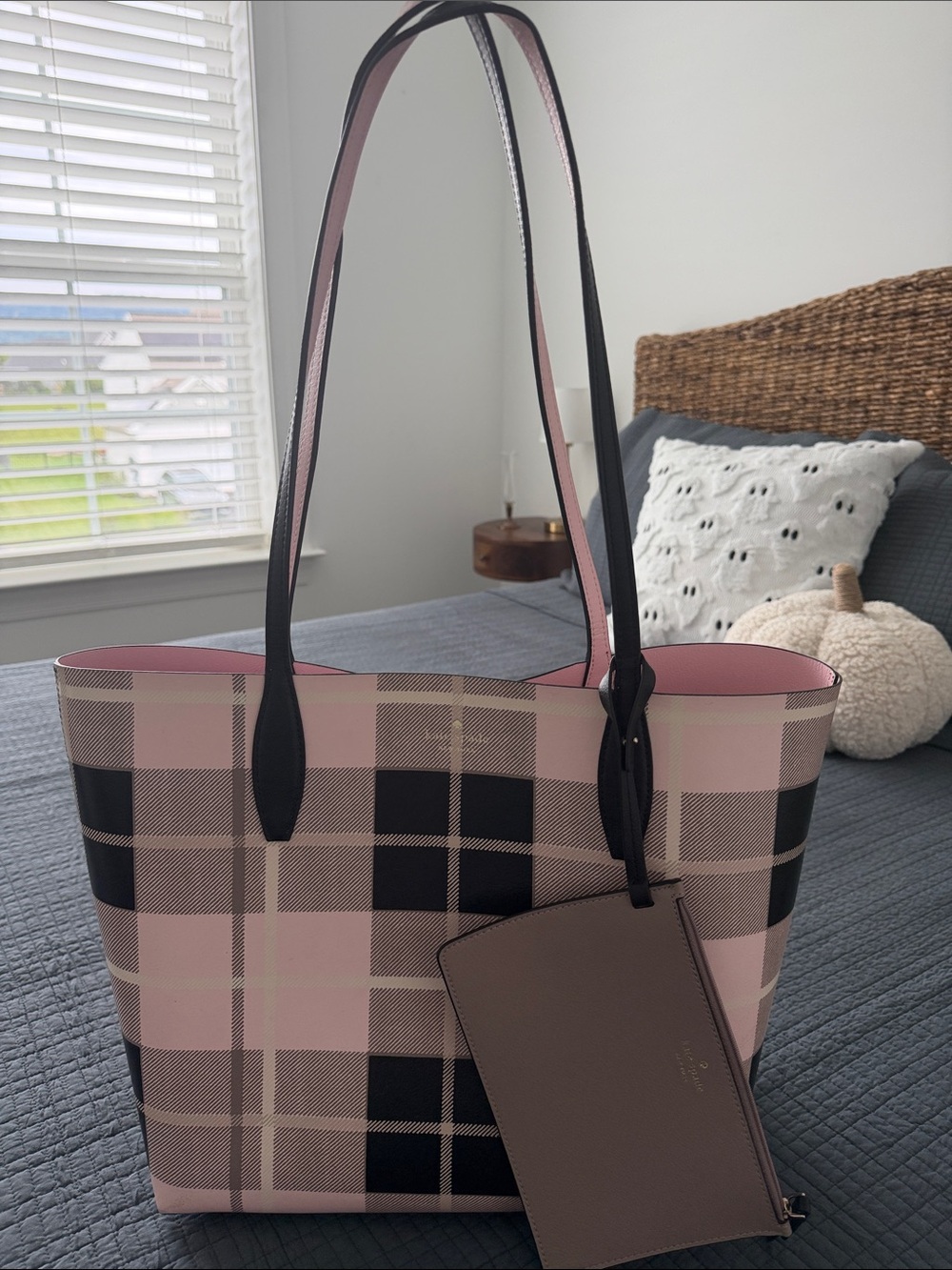 kate spade Pink and Black Plaid Tote with Removable Pouch